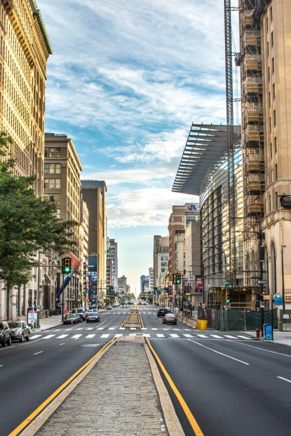 PHILADELPHIA - Sept 1, 2016: Cityscape with street and Downtown Skyline of Philadelphia, Pennsylvania, USA